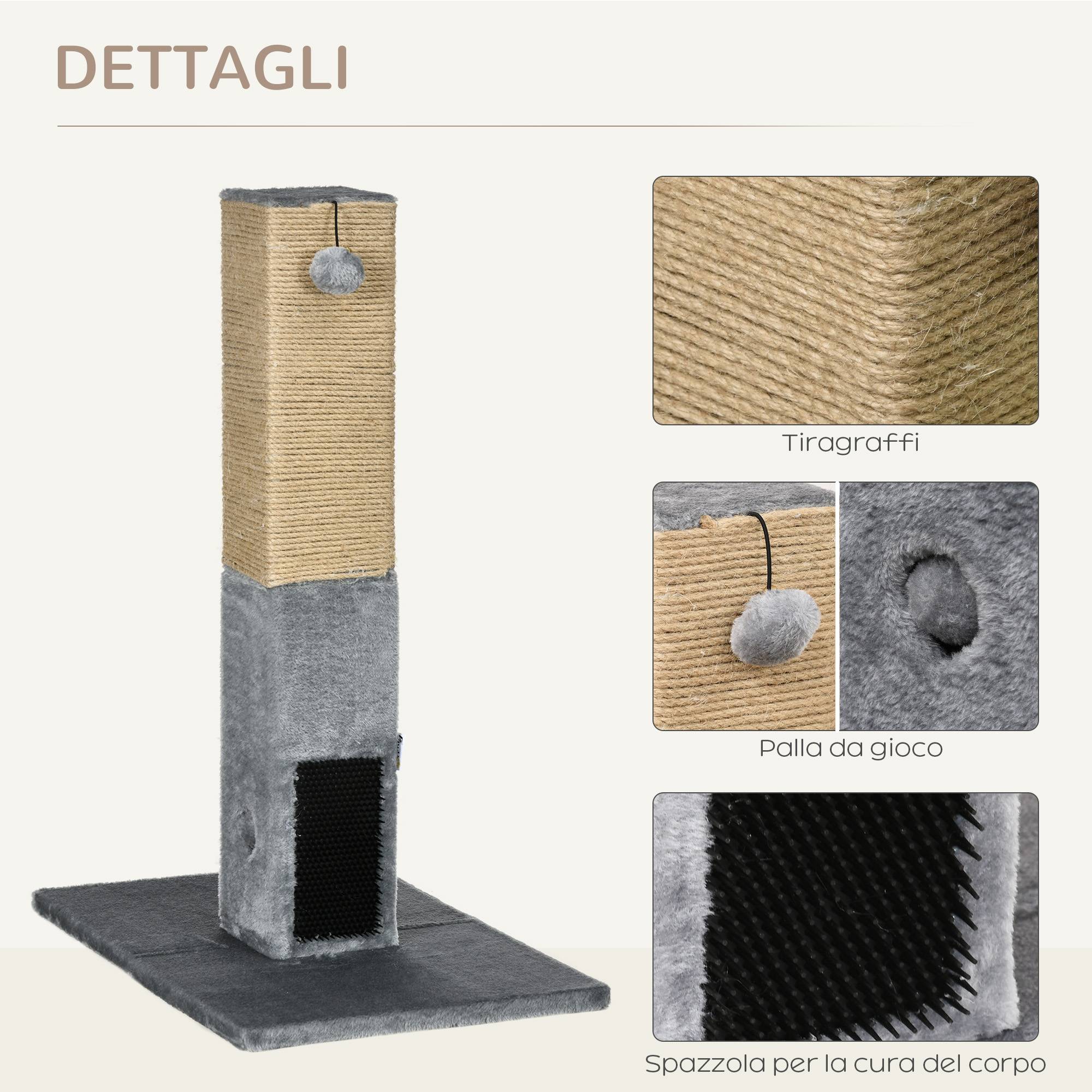 Arbre à chat avec 2 balles et brosse, en bois, jute et peluche, 59,5 x 39 x 79 cm, gris - Image 7