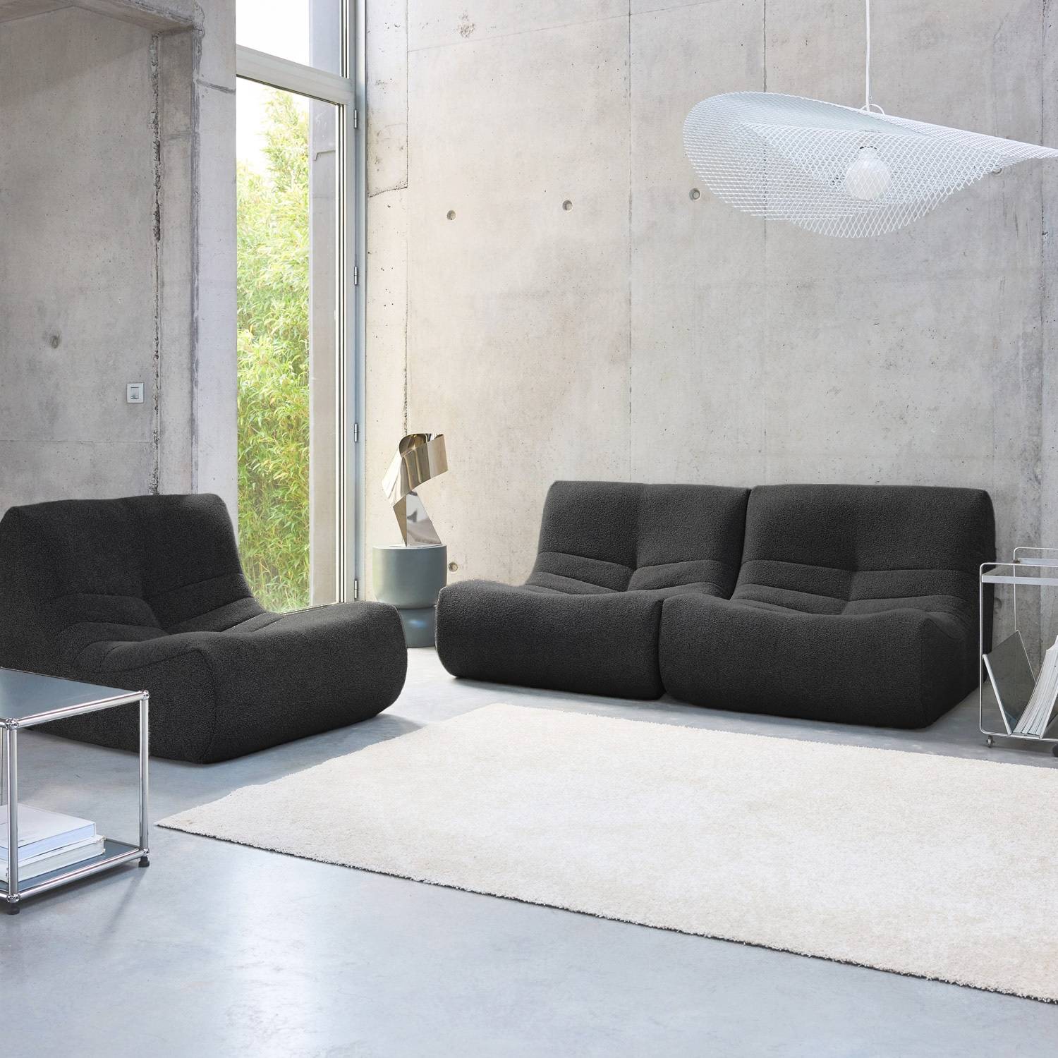 sweeek - Lot de 3 fauteuils chauffeuses en bouclette texturée noir style contemporain 1 place | sweeek - Image 1