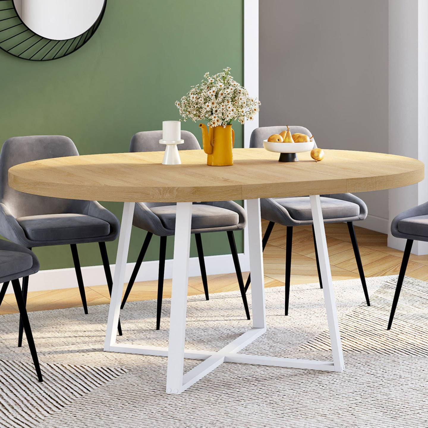 Table à manger extensible ronde SELMA 4-8 personnes bois et blanc 110-150 cm - Image 1