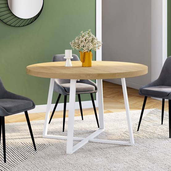 Table à manger extensible ronde SELMA 4-8 personnes bois et blanc 110-150 cm - Image 4