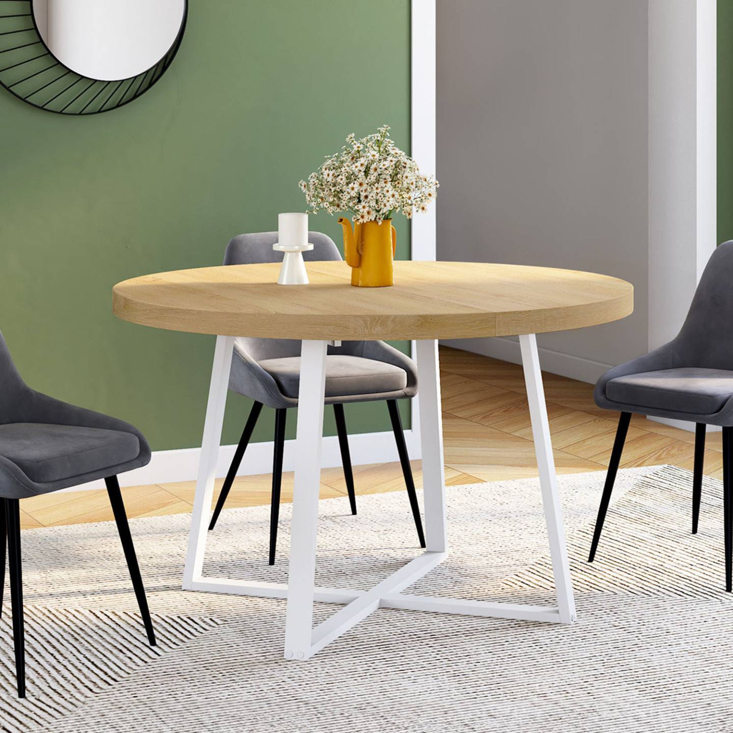 Table à manger extensible ronde SELMA 4-8 personnes bois et blanc 110-150 cm - Image 4