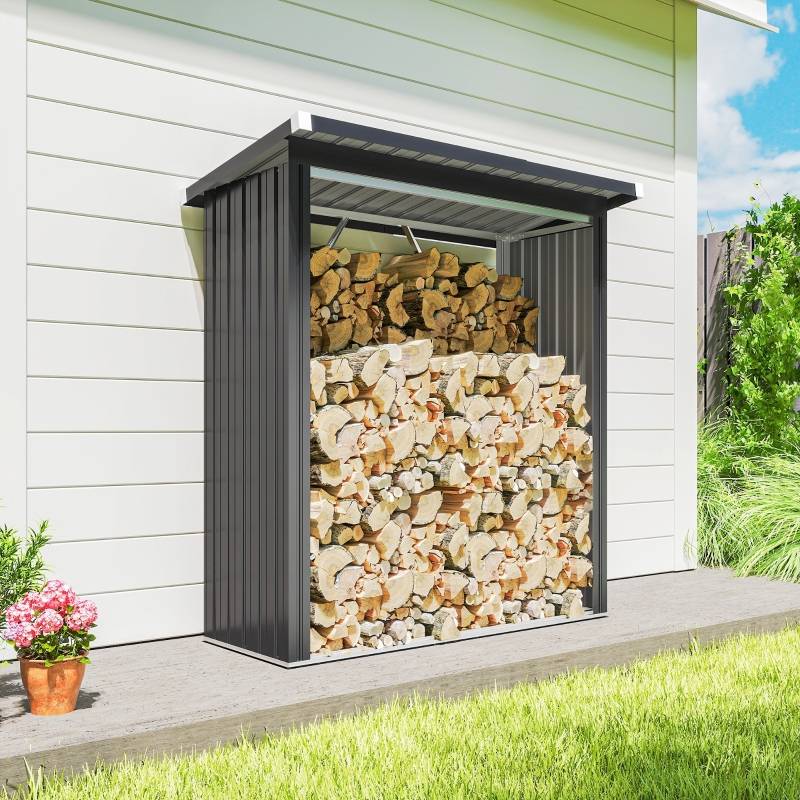 Abri-bûches acier extérieur jardin toit incliné aéré 150x66x150cm gris foncé - ComfortXL Outdoor Living - Image 8