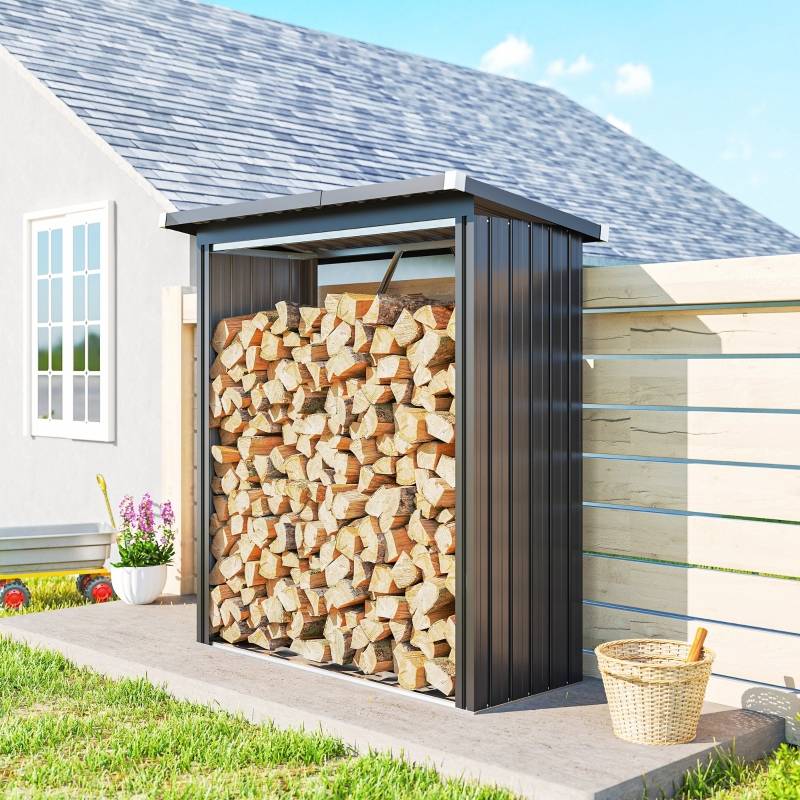 Abri-bûches acier extérieur jardin toit incliné aéré 150x66x150cm gris foncé - ComfortXL Outdoor Living - Image 1