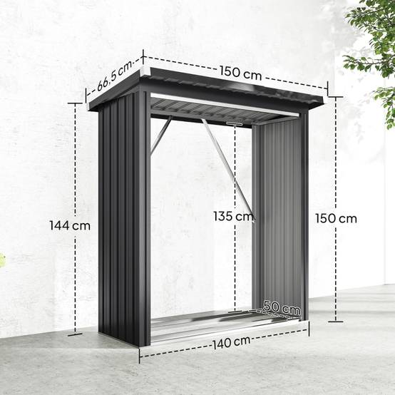 Abri-bûches acier extérieur jardin toit incliné aéré 150x66x150cm gris foncé - ComfortXL Outdoor Living - Image 3