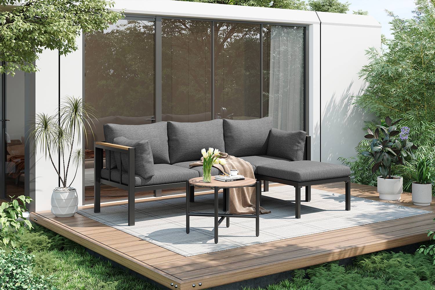 Salon de Jardin avec Canapé d'angle Table Basse et Pouf pour terrasse Polyester Gris - Image 9