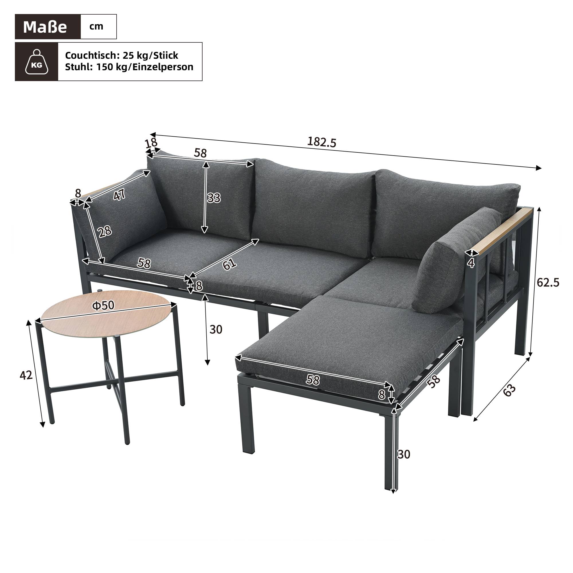 Salon de Jardin avec Canapé d'angle Table Basse et Pouf pour terrasse Polyester Gris - Image 5