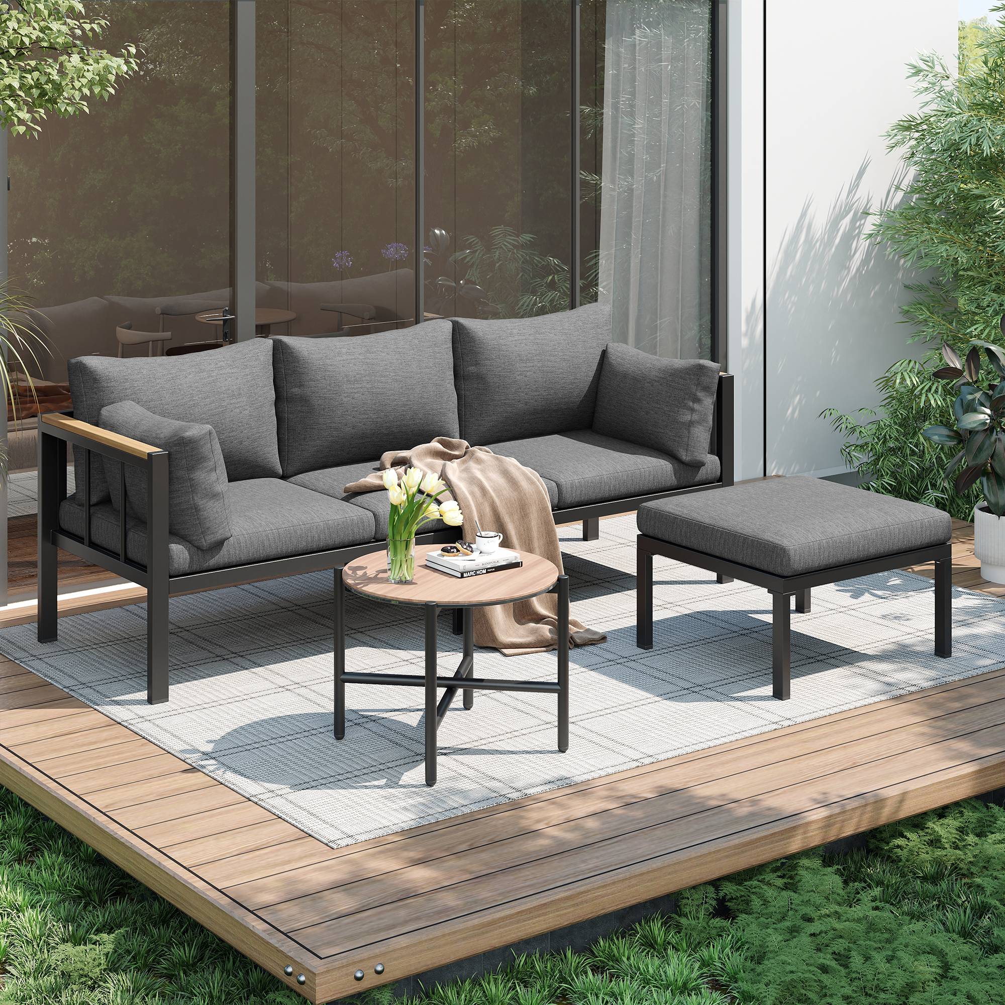 Salon de Jardin avec Canapé d'angle Table Basse et Pouf pour terrasse Polyester Gris - Image 3