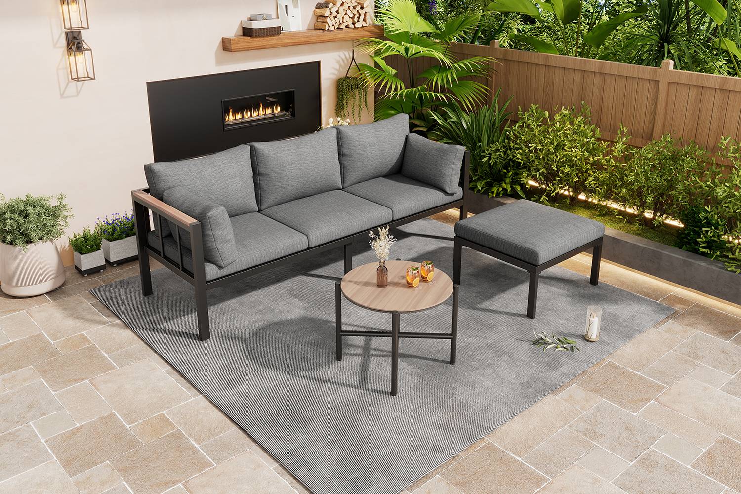 Salon de Jardin avec Canapé d'angle Table Basse et Pouf pour terrasse Polyester Gris - Image 10
