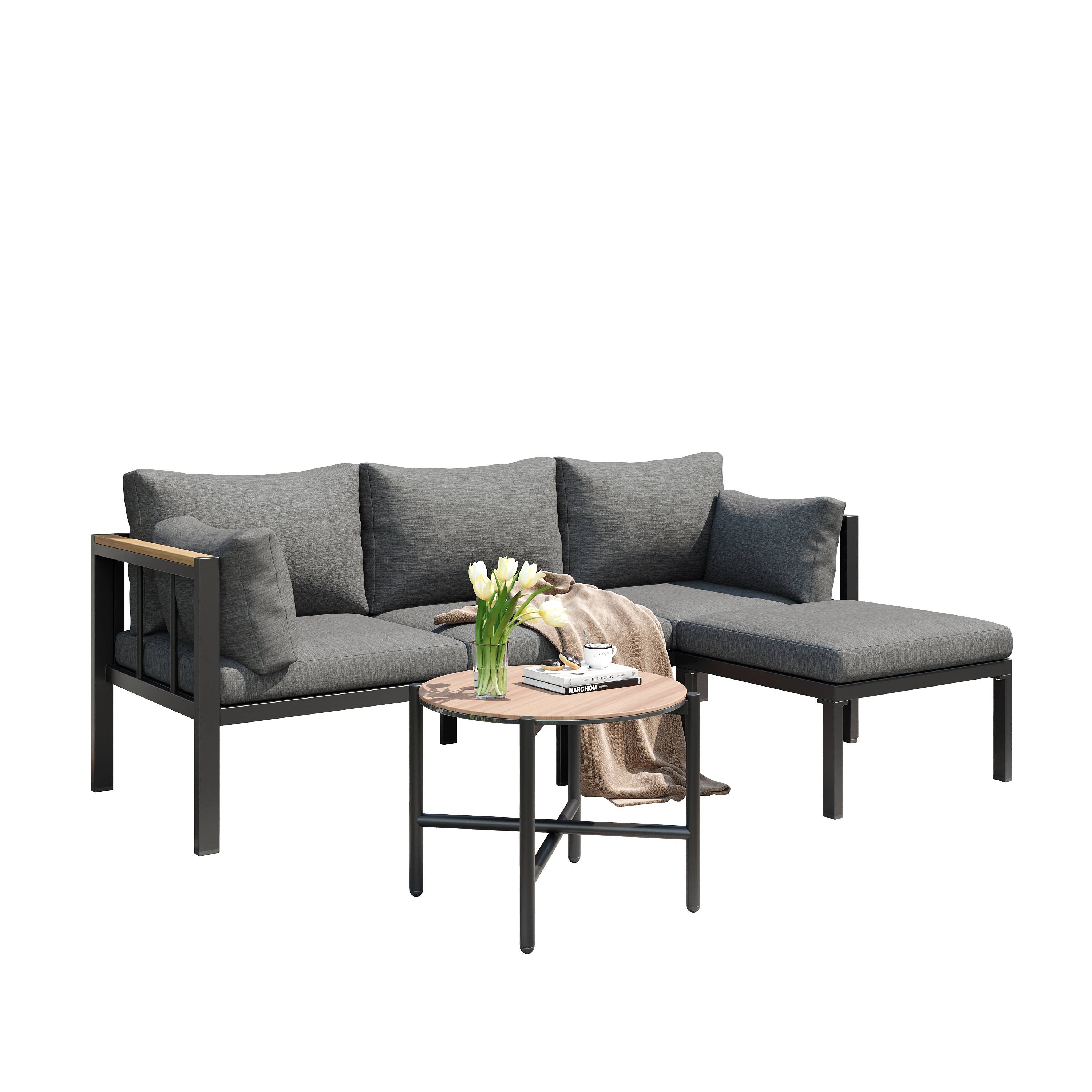 Salon de Jardin avec Canapé d'angle Table Basse et Pouf pour terrasse Polyester Gris - Image 1