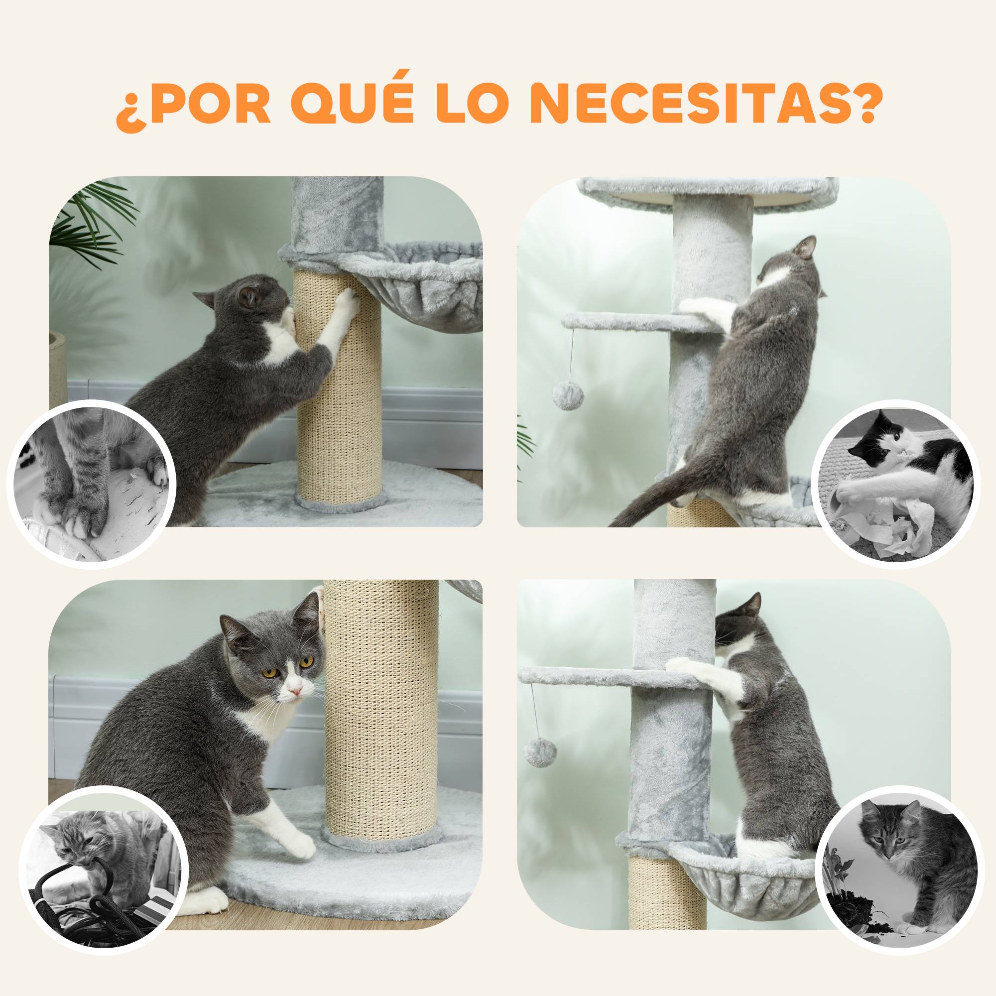 Arbre à Chat Griffoir Sisal Épais avec Hamac Niche et Plateforme Peluche Douce 104 cm Gris - ComfortXL Outdoor Living - Image 9