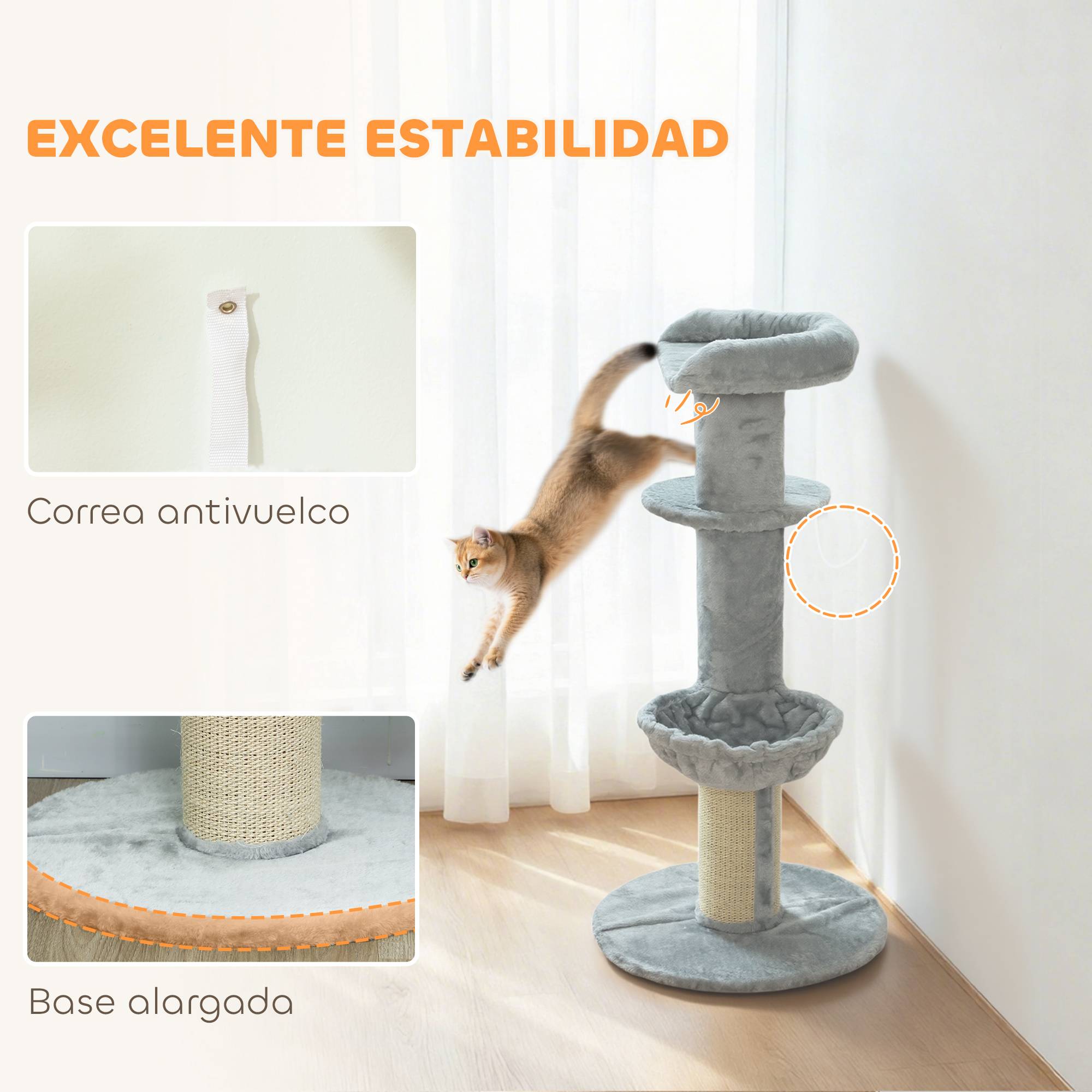 Arbre à Chat Griffoir Sisal Épais avec Hamac Niche et Plateforme Peluche Douce 104 cm Gris - ComfortXL Outdoor Living - Image 8