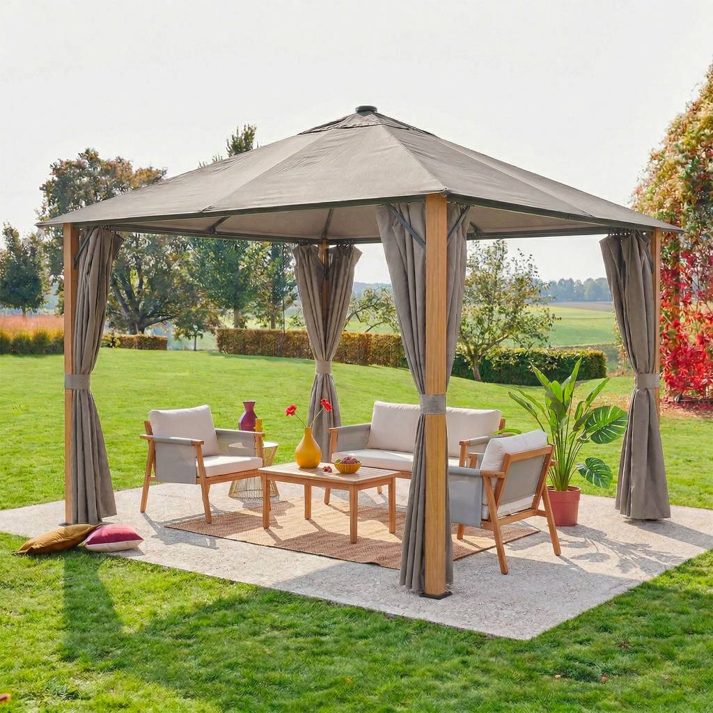 Tonnelle 3x3m aluminium effet bois avec rideaux et led beige - Veluna | sweeek - Image 1