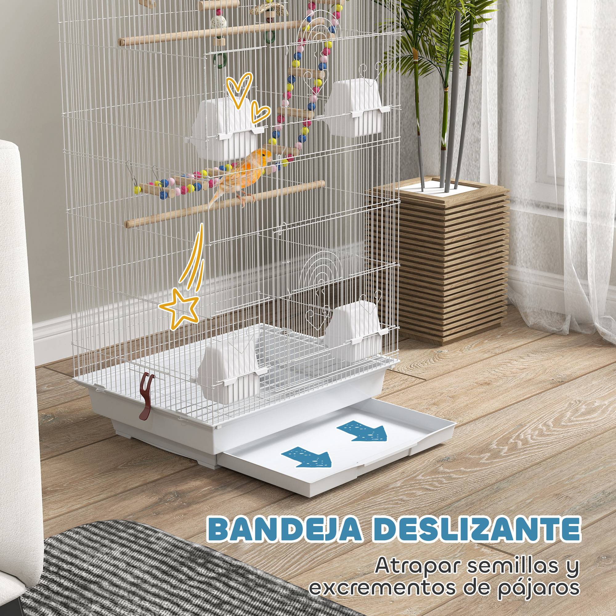 Pajara avec plusieurs portes, 4 Comederos, 3 Columpio Perchas, échelles et plateau amovible, 46 x 36 x 100 cm, blanc - Image 7