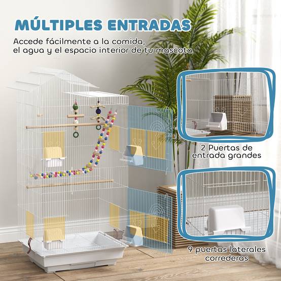 Pajara avec plusieurs portes, 4 Comederos, 3 Columpio Perchas, échelles et plateau amovible, 46 x 36 x 100 cm, blanc - Image 9