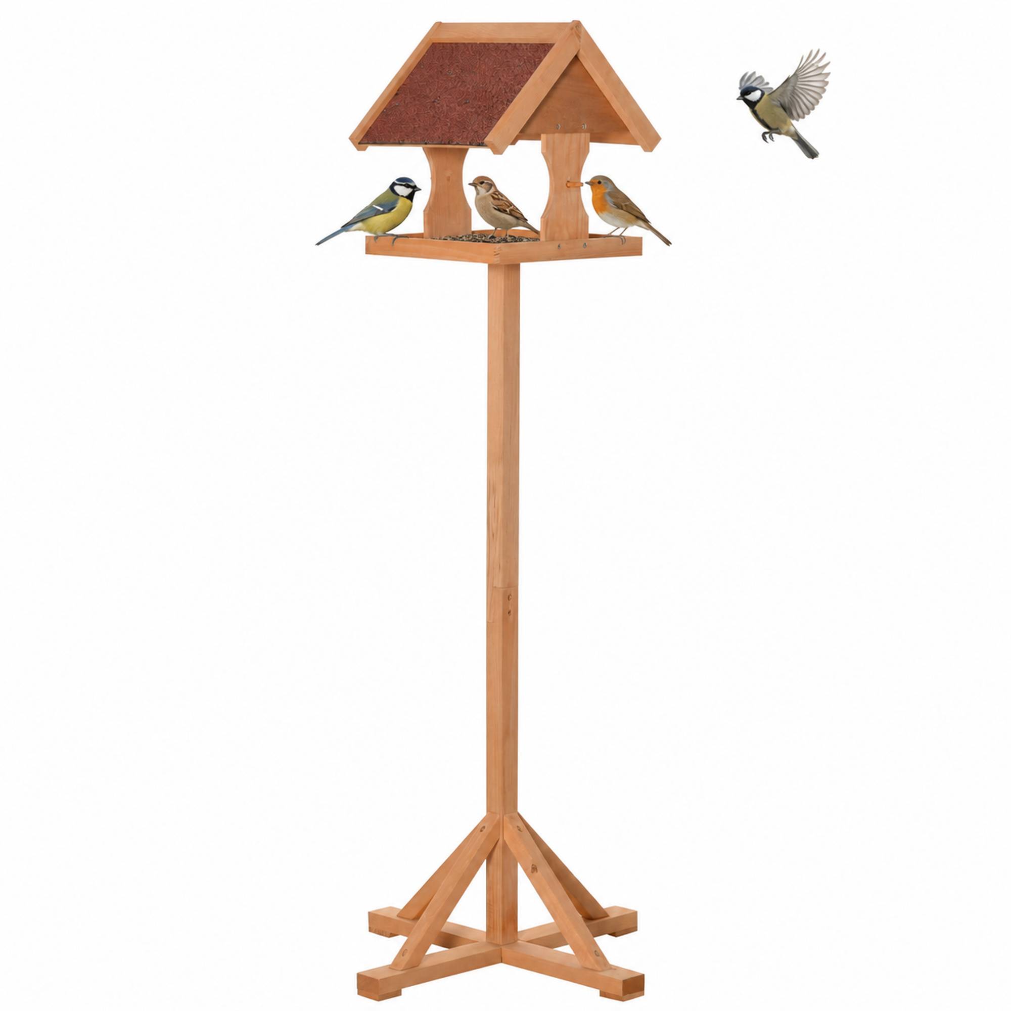 Sans Marque - Mangeoire oiseaux extérieur sur pied, toit résistant aux intempéries, bois massif, 55 x 55 x 144 cm, bois naturel - Image 1