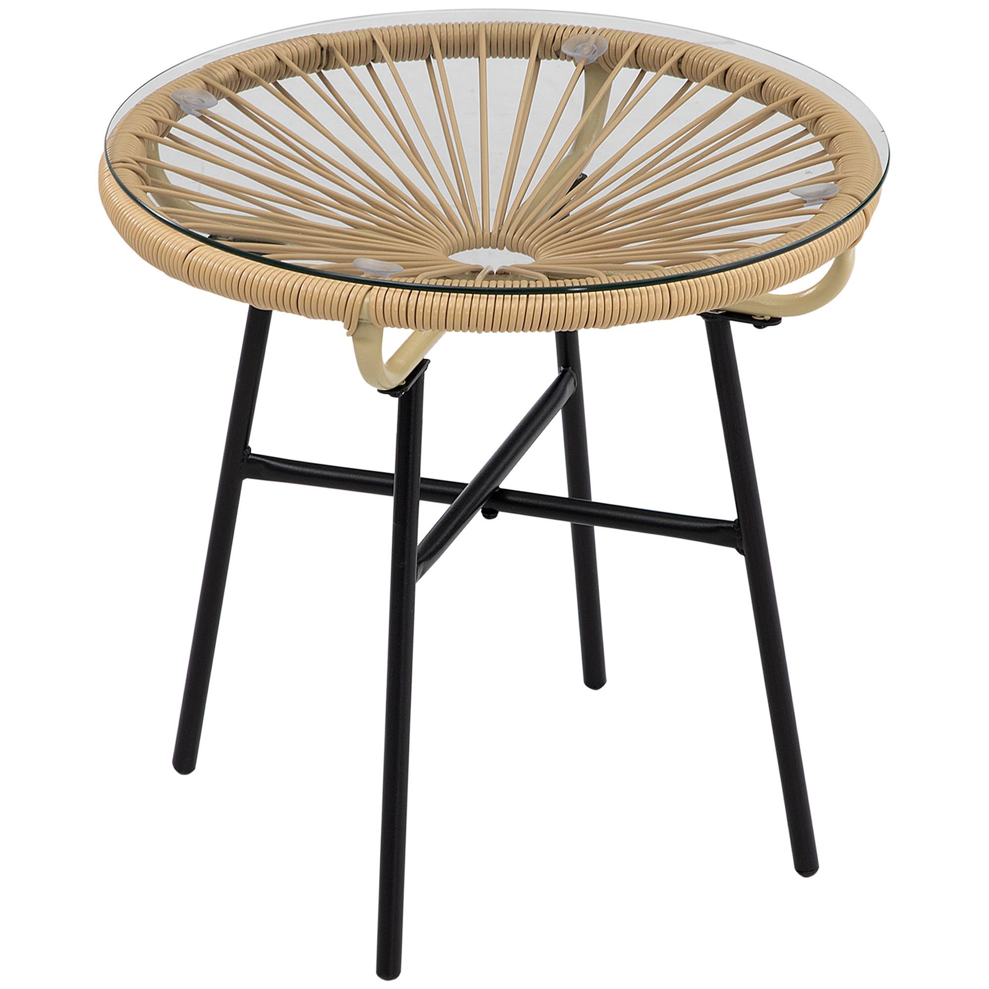 ComfortXL - Table basse de jardin ronde style bohème résine tressée verre trempé 50x50cm beige - ComfortXL Outdoor Living - Image 1