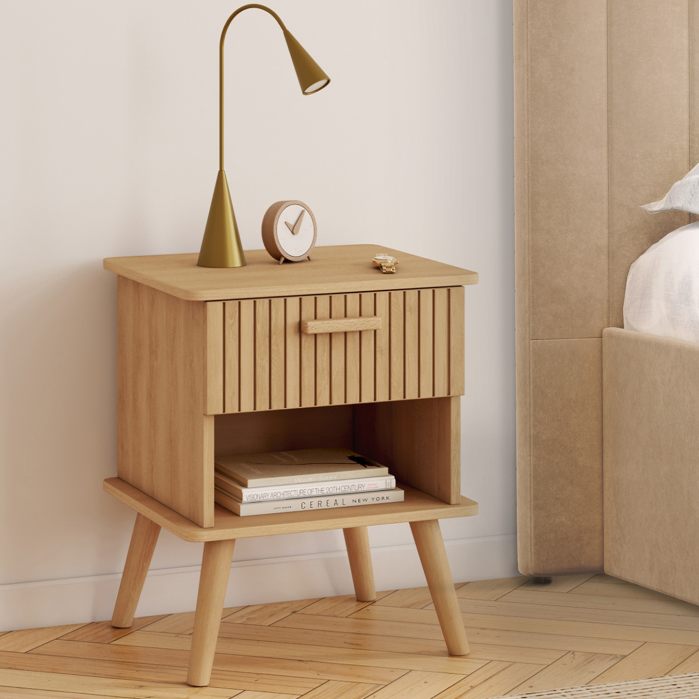 Lot de 2 tables de chevet JULIETTE 1 tiroir avec niche effet lattes tasseau bois - Image 1