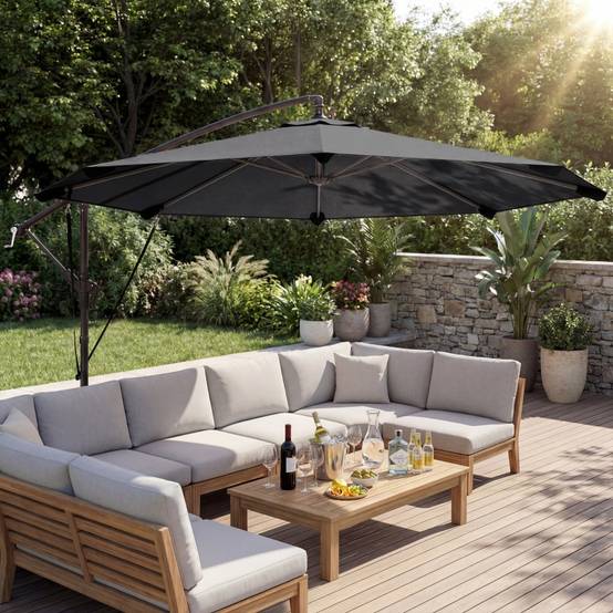 Parasol déporté métal jardin terrasse inclinable manivelle Ø295cm gris foncé - ComfortXL Outdoor Living - Image 8