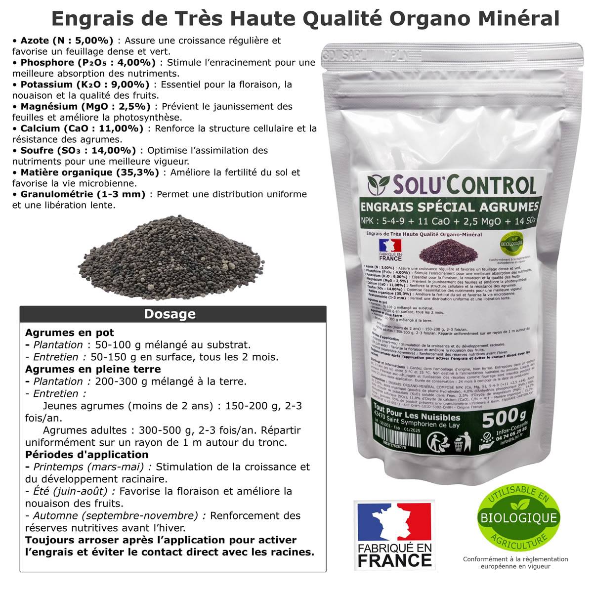 SOLU’CONTROL - Engrais Spécial Agrumes 500 g - Formulation haute qualité Organo-Minerale - Citronnier, Oranger, Mandarinier, Clémentinier... - Image 2
