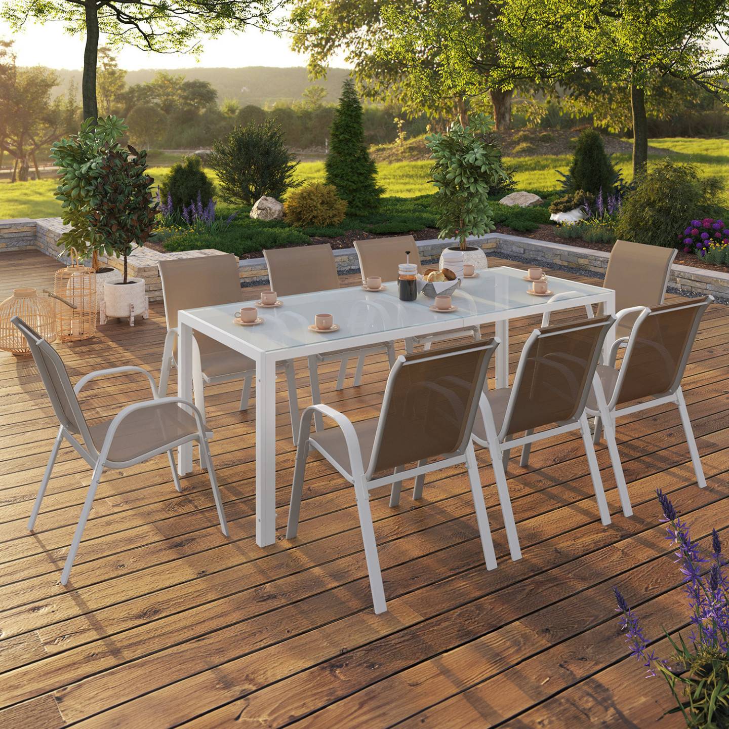 Salon de jardin MADRID table 190 cm et 8 chaises empilables blanc et beige - Image 1