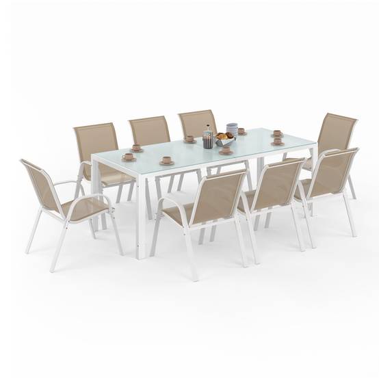 Salon de jardin MADRID table 190 cm et 8 chaises empilables blanc et beige - Image 2