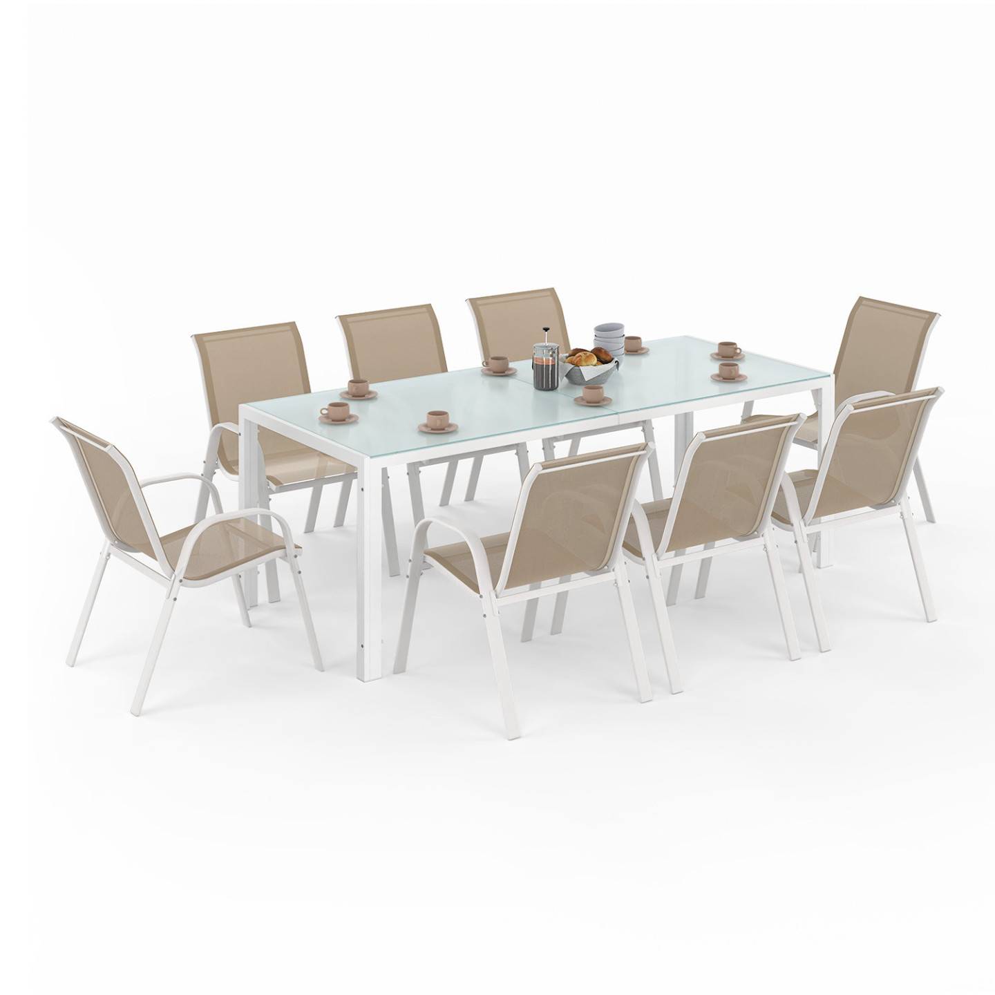 Salon de jardin MADRID table 190 cm et 8 chaises empilables blanc et beige - Image 2