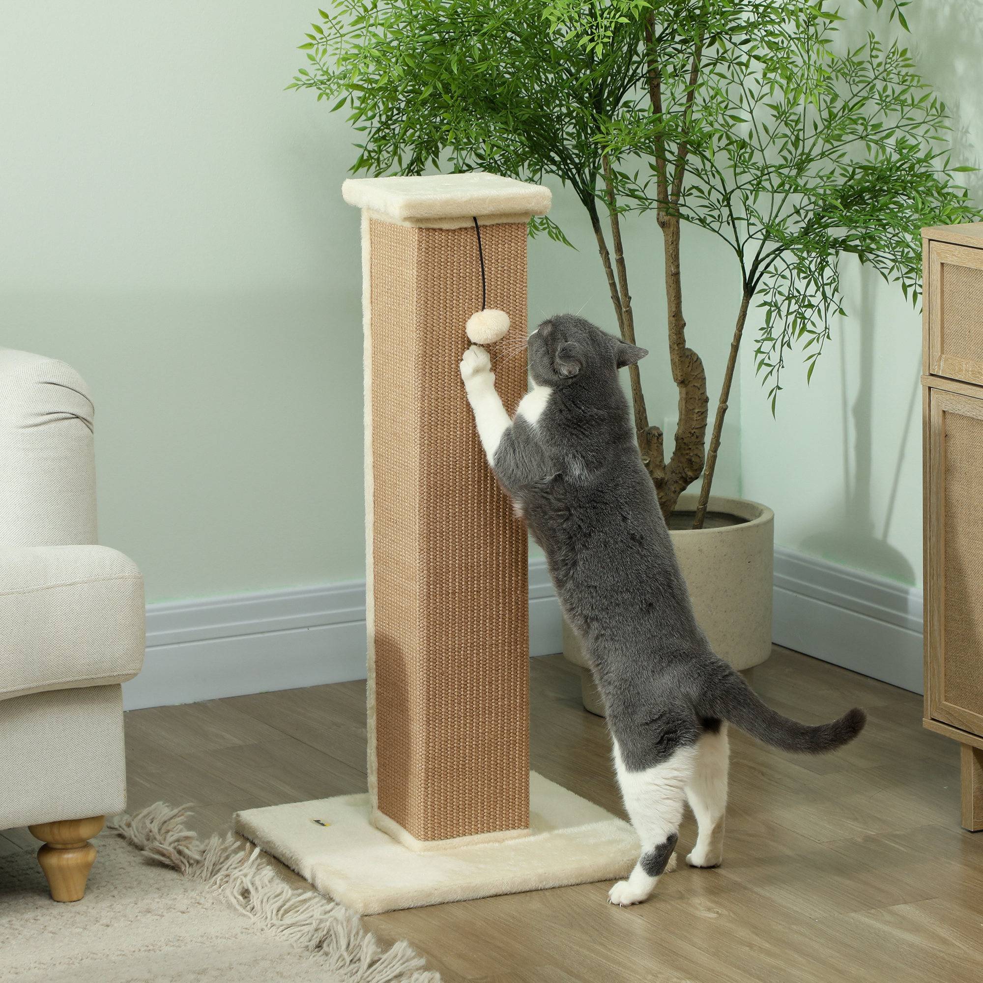 Griffoir pour chat, hauteur 81 cm, avec poteau en jute et balle suspendue, 41 x 41 x 81 cm, beige - Image 3