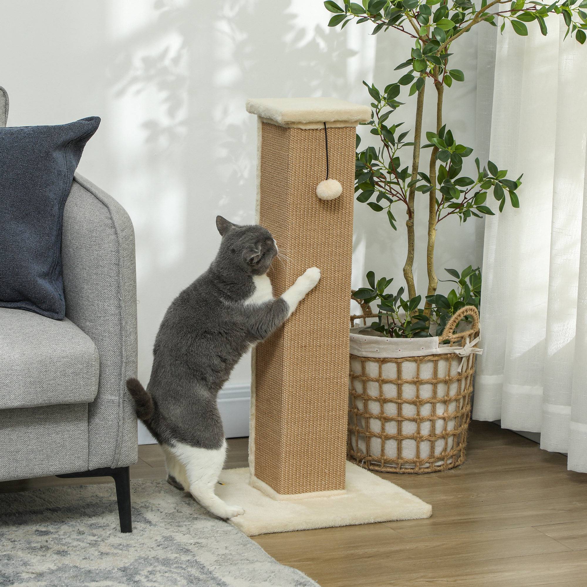 Griffoir pour chat, hauteur 81 cm, avec poteau en jute et balle suspendue, 41 x 41 x 81 cm, beige - Image 4