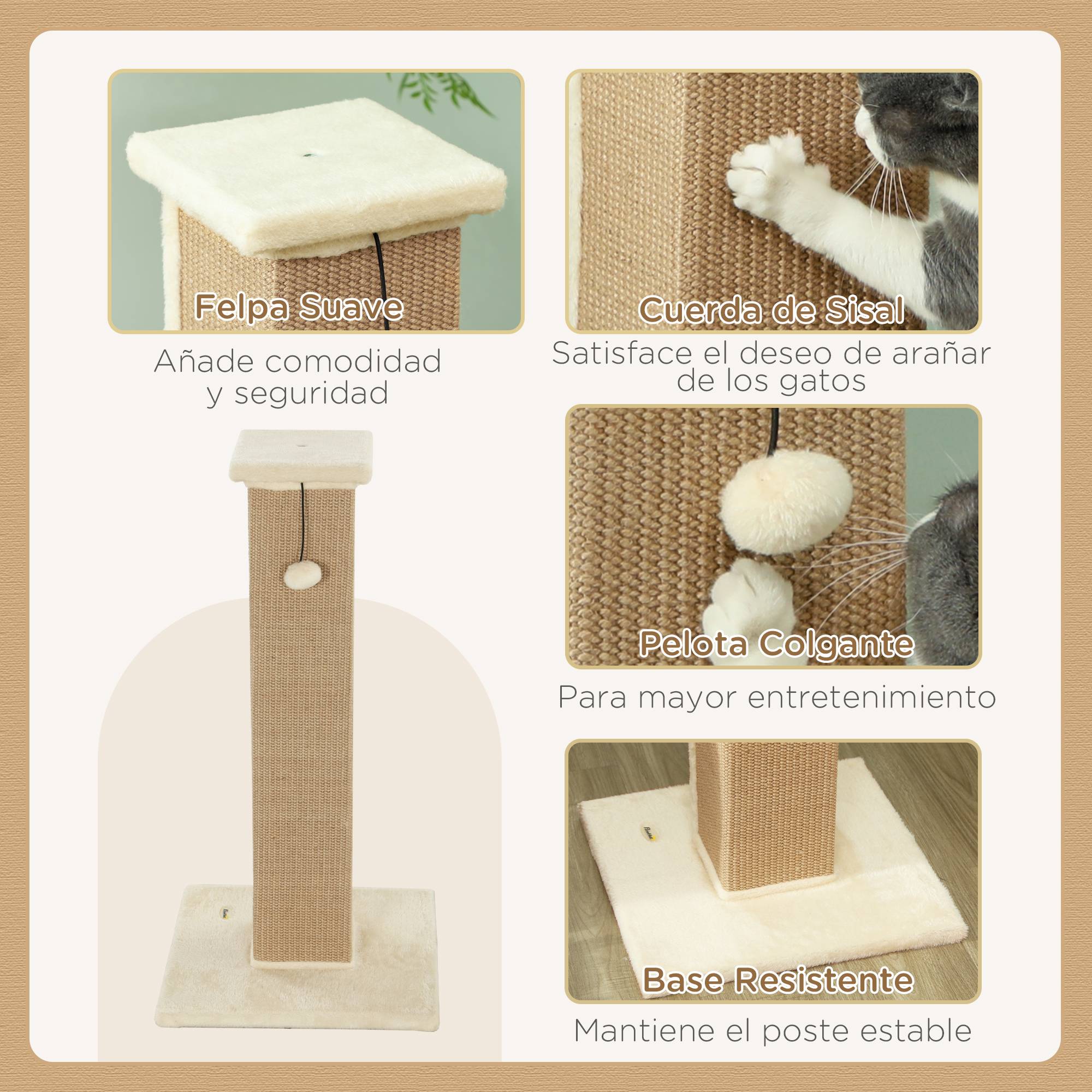 Griffoir pour chat, hauteur 81 cm, avec poteau en jute et balle suspendue, 41 x 41 x 81 cm, beige - Image 7