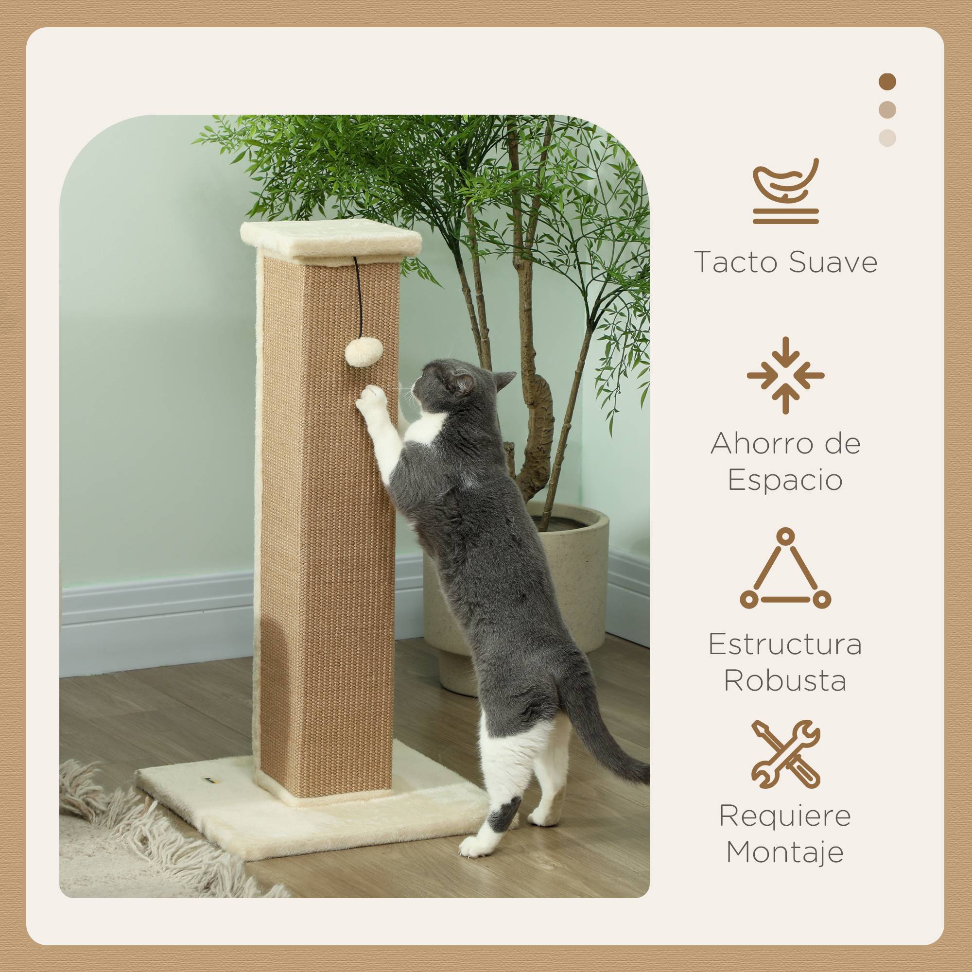 Griffoir pour chat, hauteur 81 cm, avec poteau en jute et balle suspendue, 41 x 41 x 81 cm, beige - Image 6