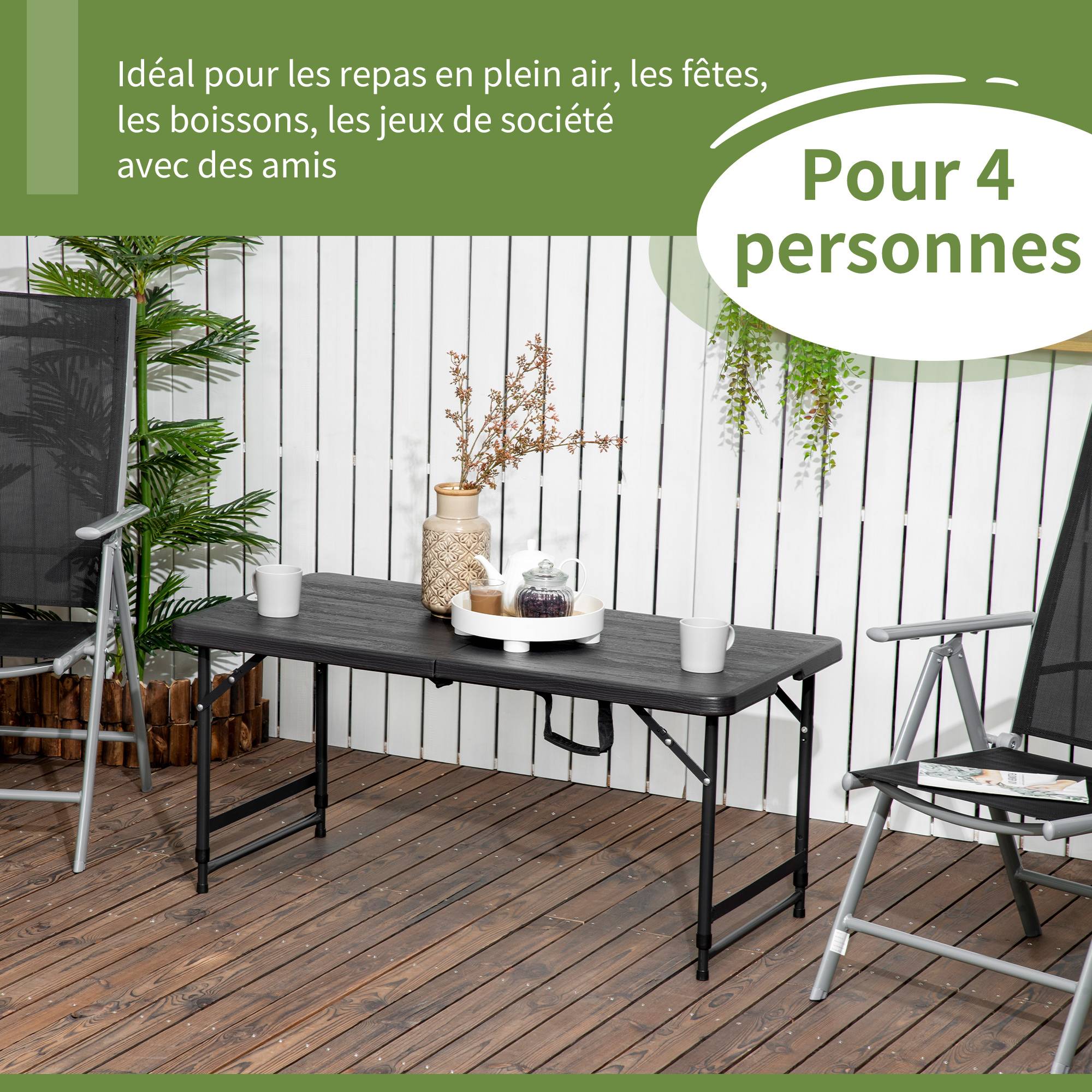 Table de jardin rectangulaire pliable camping pour 4 personnes hauteur réglable 118 x 60 x 74 cm - Image 6