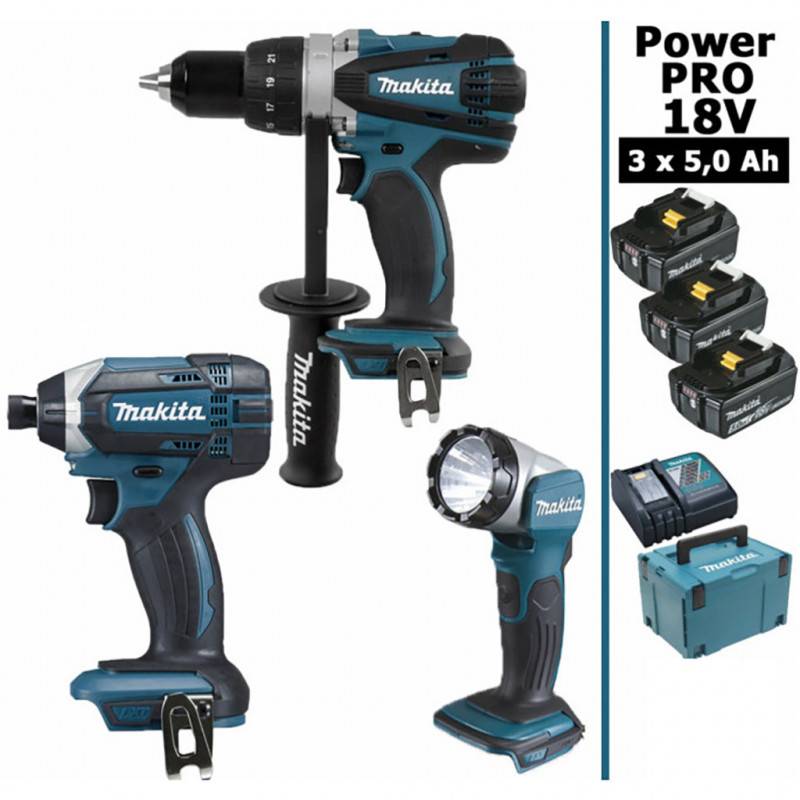 Makita - Pack Makita Power PRO 18V: Perceuse 91Nm DDF458 + Visseuse à chocs 165Nm DTD152 + Lampe Torche LED 180lm DEADML802 + 3 batt 5Ah - Image 1
