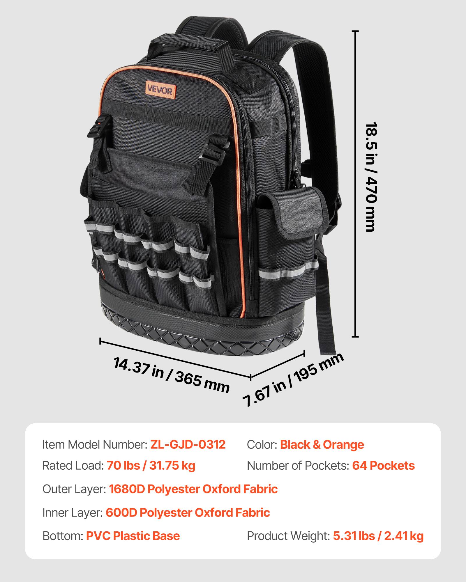 Vevor - VEVOR Sac à dos à outils 36,5x19,5x47 cm, 64 poches, charge 31,75 kg, compartiment PC, base PVC stable, robuste pour chantier - Image 6