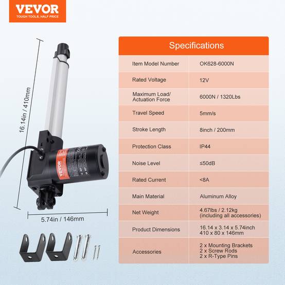 VEVOR Actionneur linéaire 12V 200mm 6000N 5mm/s, IP44, pour portes électriques, machines industrielles, navires. - Image 7