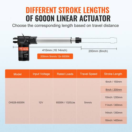 VEVOR Actionneur linéaire 12V 200mm 6000N 5mm/s, IP44, pour portes électriques, machines industrielles, navires. - Image 3