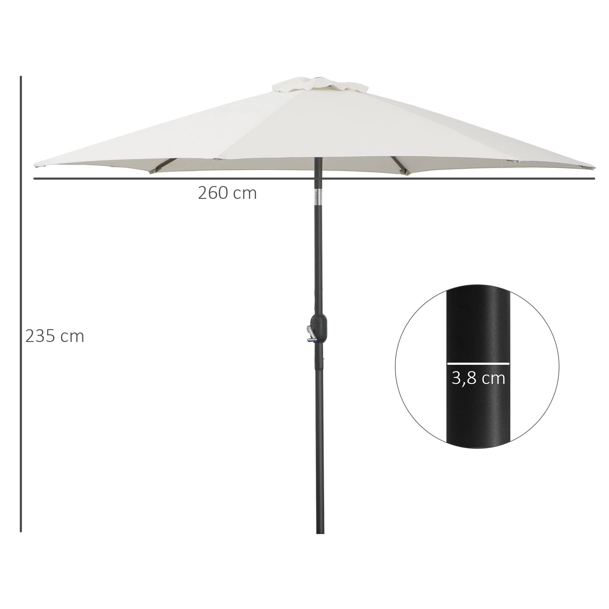 Parasol de jardin en aluminium Ø260x235 cm, inclinable, avec manivelle et 6 baleines métalliques, couleur crème, pour terrasse ou balcon. - Image 5
