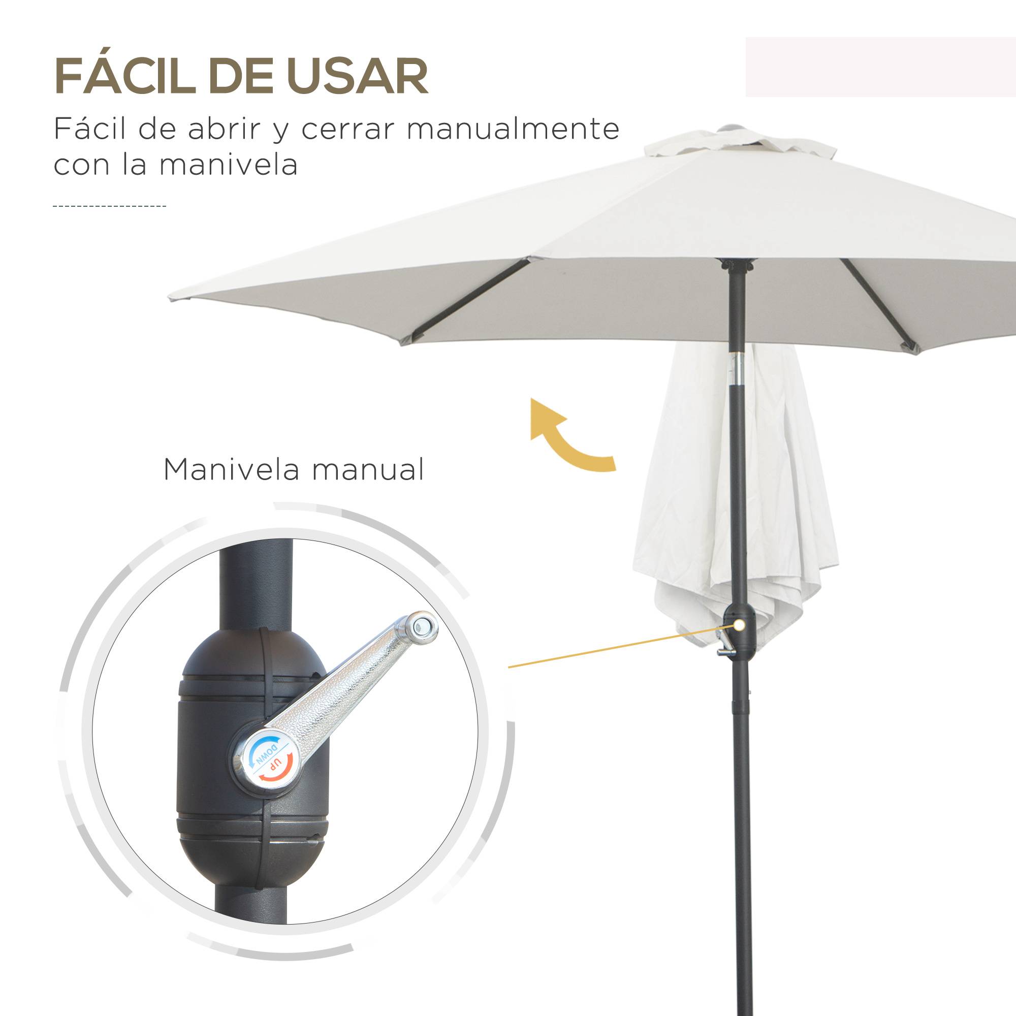 Parasol de jardin en aluminium Ø260x235 cm, inclinable, avec manivelle et 6 baleines métalliques, couleur crème, pour terrasse ou balcon. - Image 6
