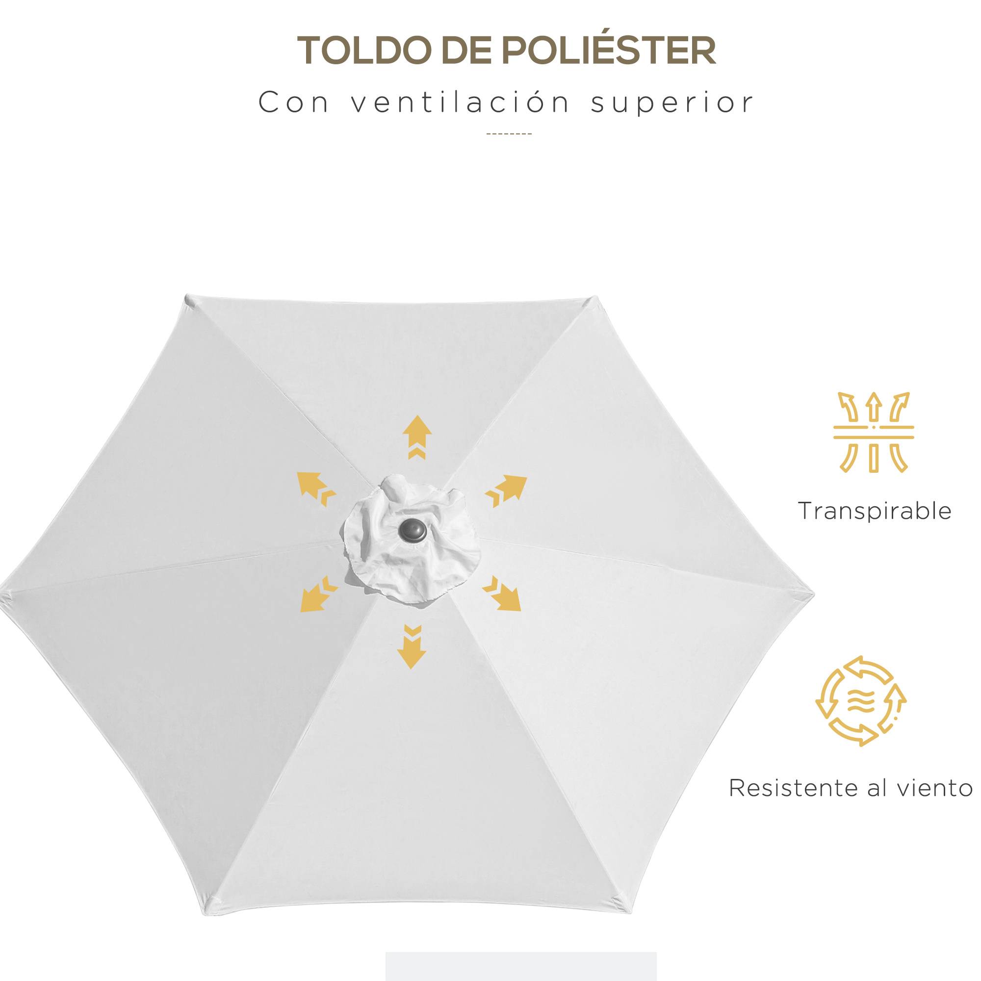 Parasol de jardin en aluminium Ø260x235 cm, inclinable, avec manivelle et 6 baleines métalliques, couleur crème, pour terrasse ou balcon. - Image 8