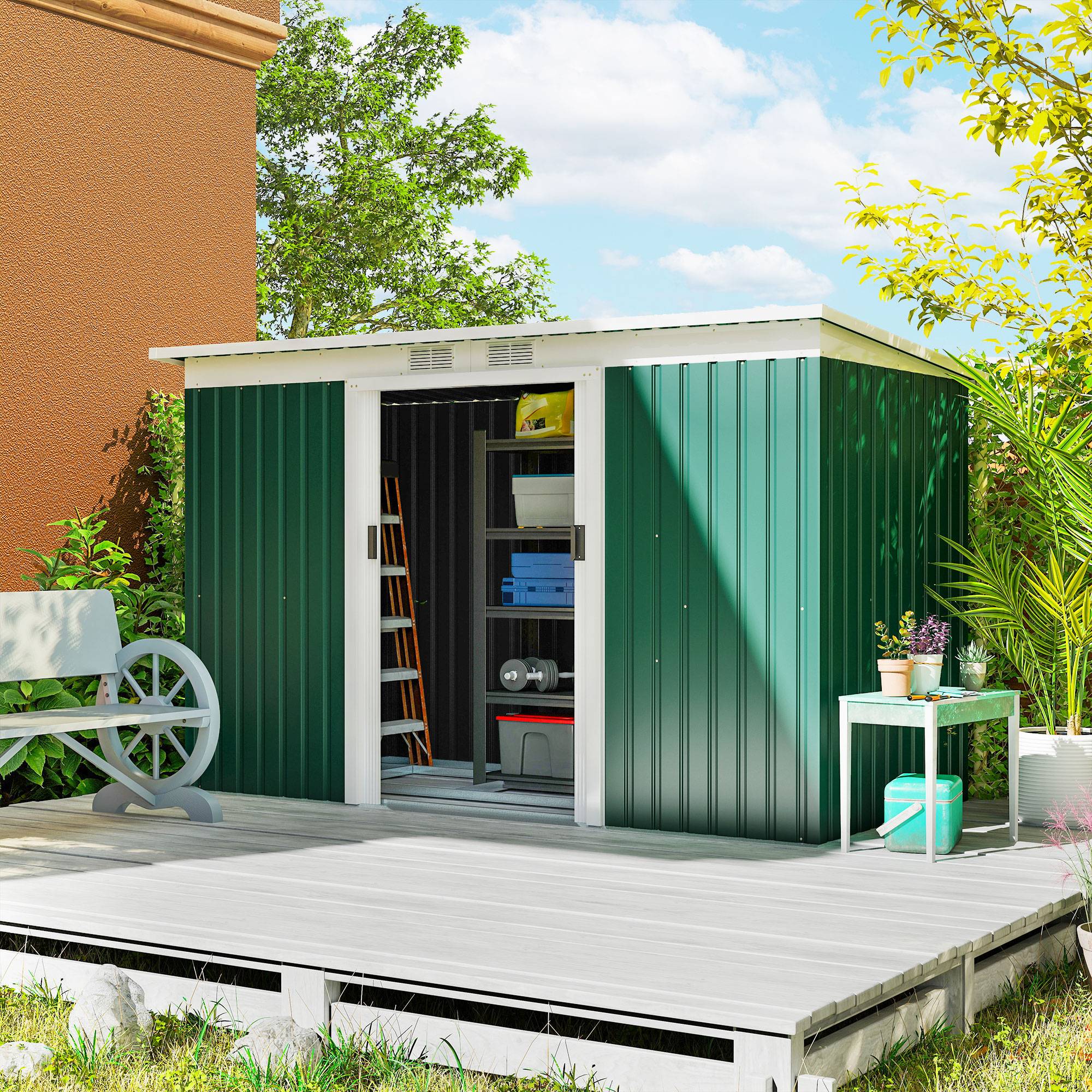 Abri de jardin tôle acier 280x130x172 cm avec portes coulissantes, cabanon extérieur vert foncé - Image 3