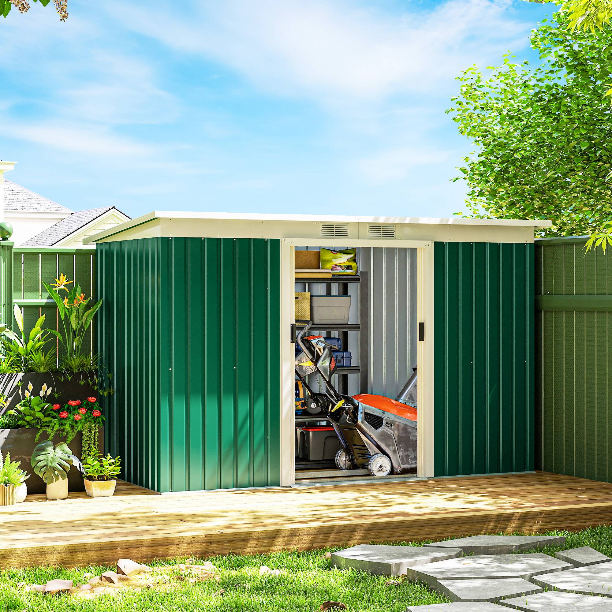 Abri de jardin tôle acier 280x130x172 cm avec portes coulissantes, cabanon extérieur vert foncé - Image 4