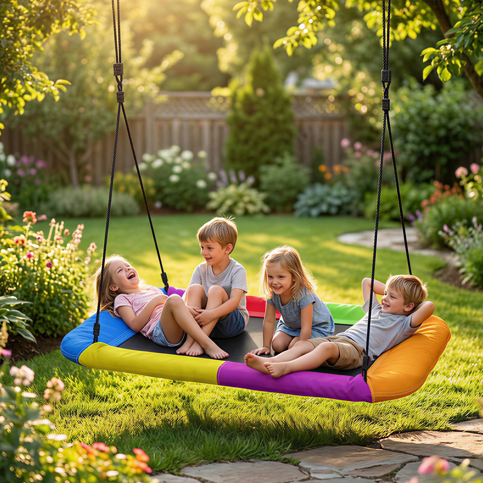 Balançoire nid suspendue réglable, charge 300 kg, cordes ajustables, pour 3-8 ans, 148×77×180 cm, multicolore, sécurisée - Image 8