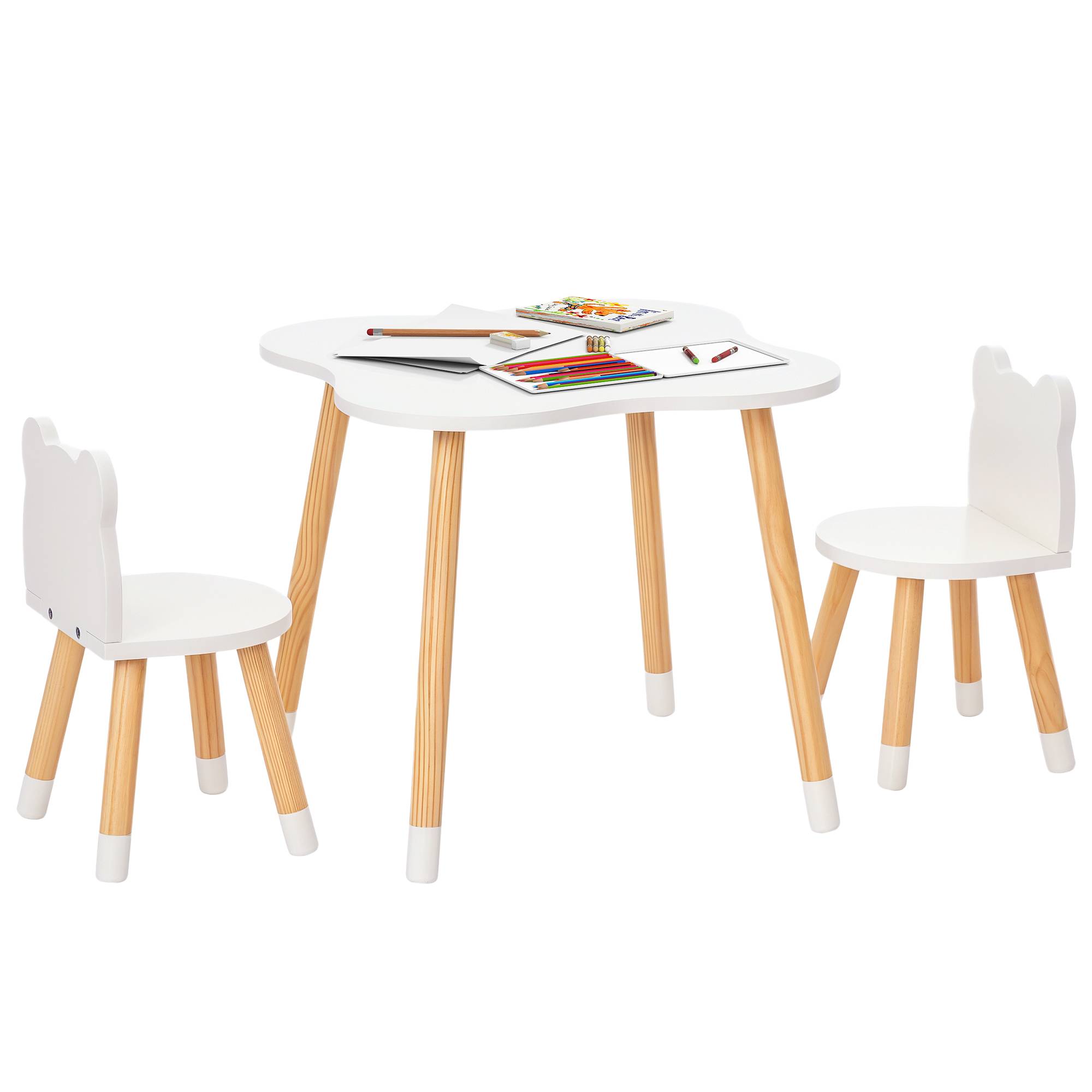 Petite table avec 2 chaises enfant forme ours en bois, blanc - Image 1