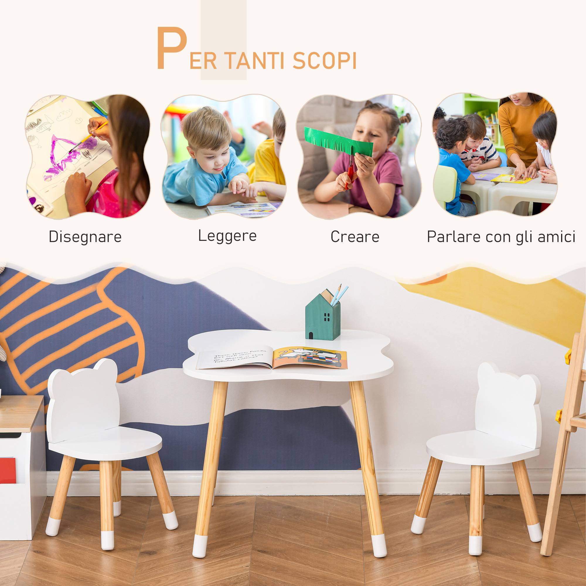 Petite table avec 2 chaises enfant forme ours en bois, blanc - Image 6