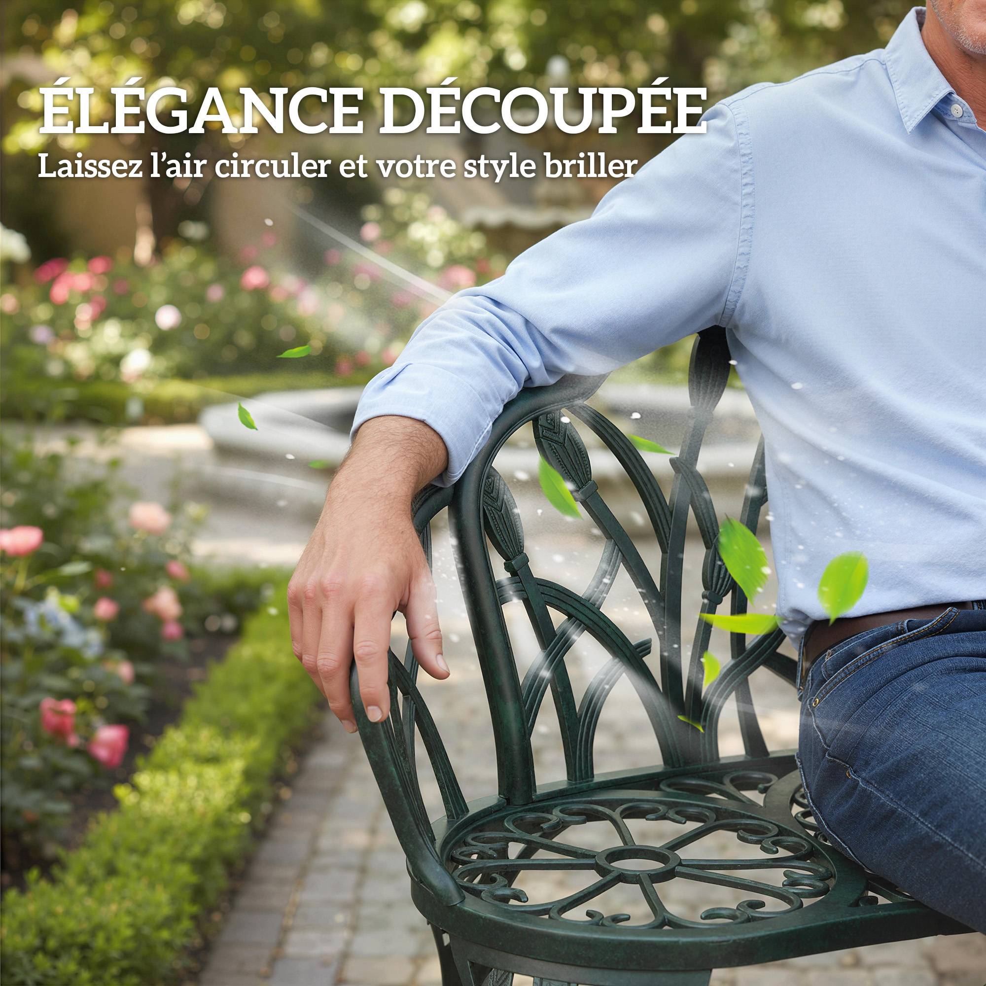 Banc aluminium moulé 2 places dossier tulipe décor floral assise 99x57x78cm - Image 10