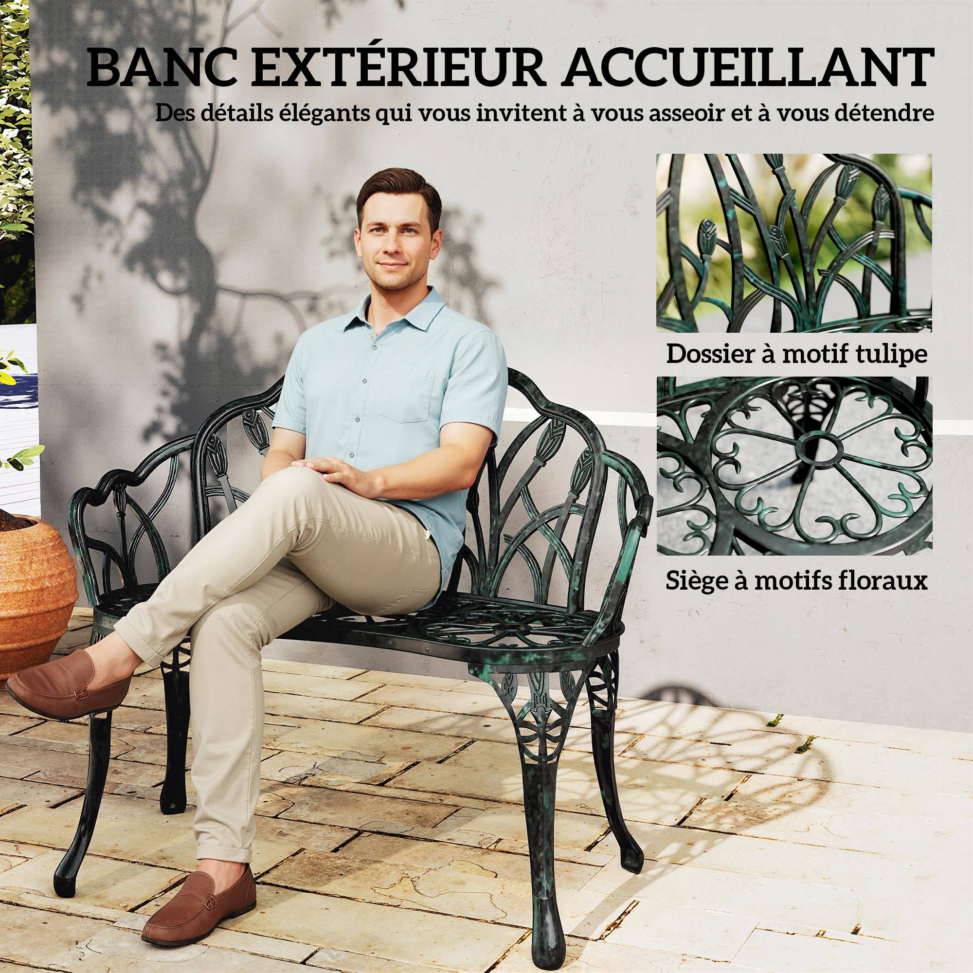 Banc aluminium moulé 2 places dossier tulipe décor floral assise 99x57x78cm - Image 6