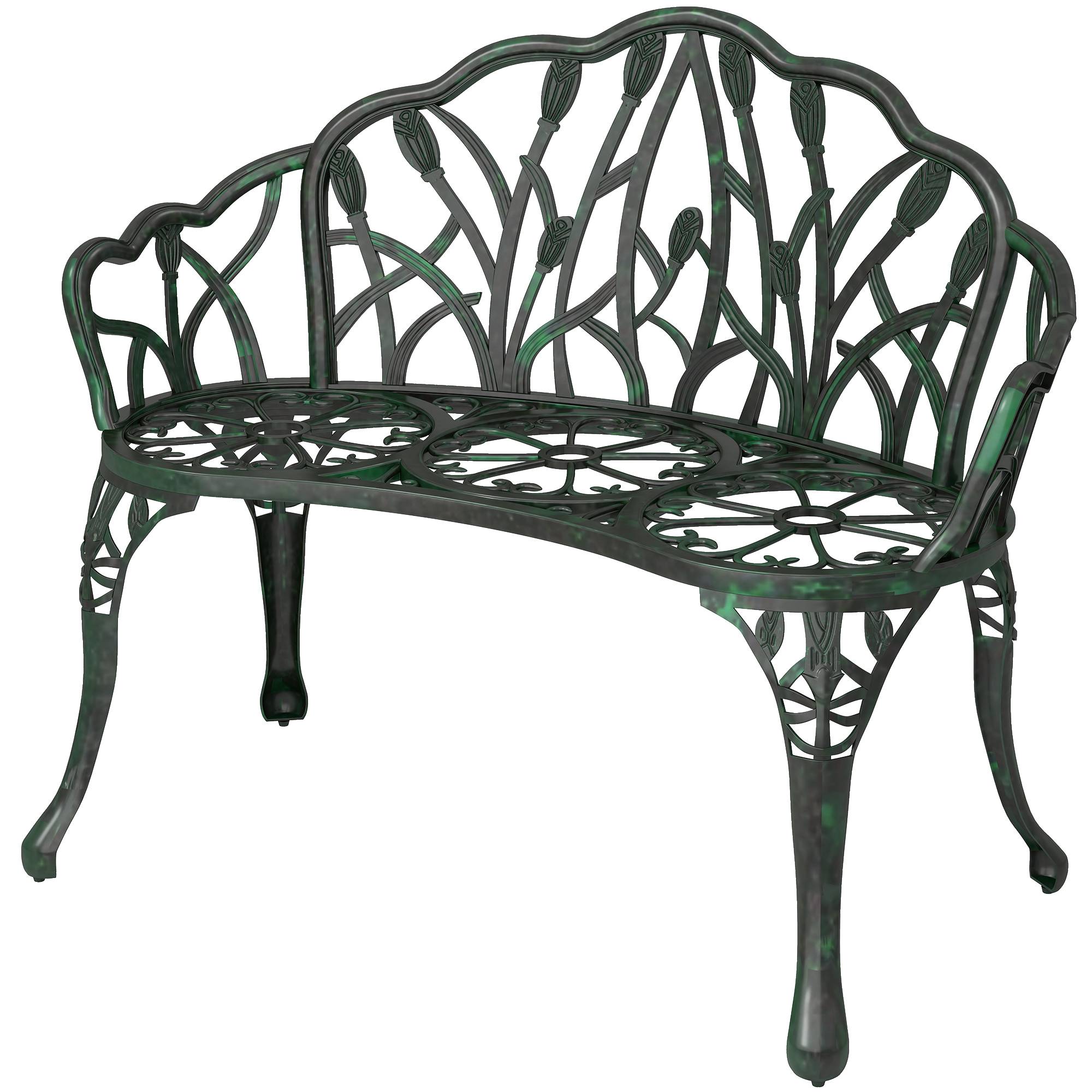 Banc aluminium moulé 2 places dossier tulipe décor floral assise 99x57x78cm - Image 2