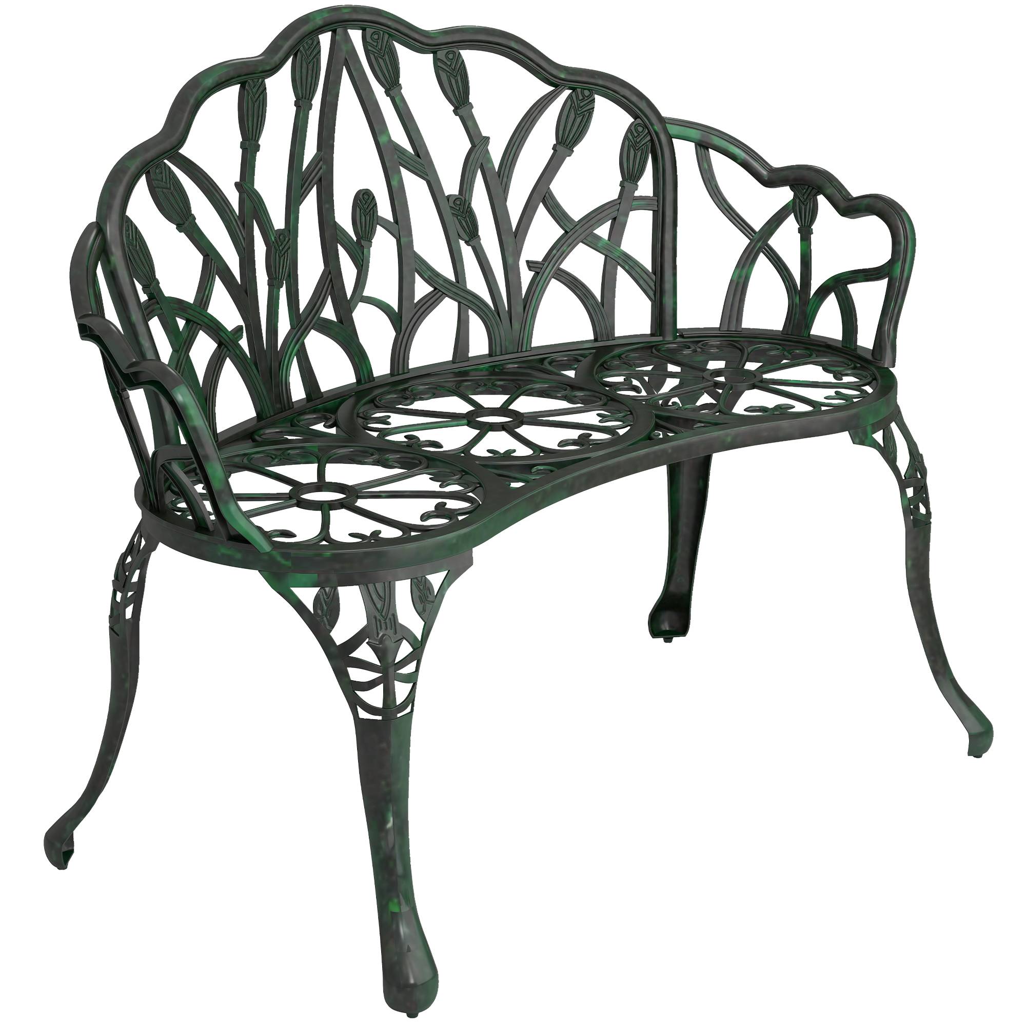 Banc aluminium moulé 2 places dossier tulipe décor floral assise 99x57x78cm - Image 1