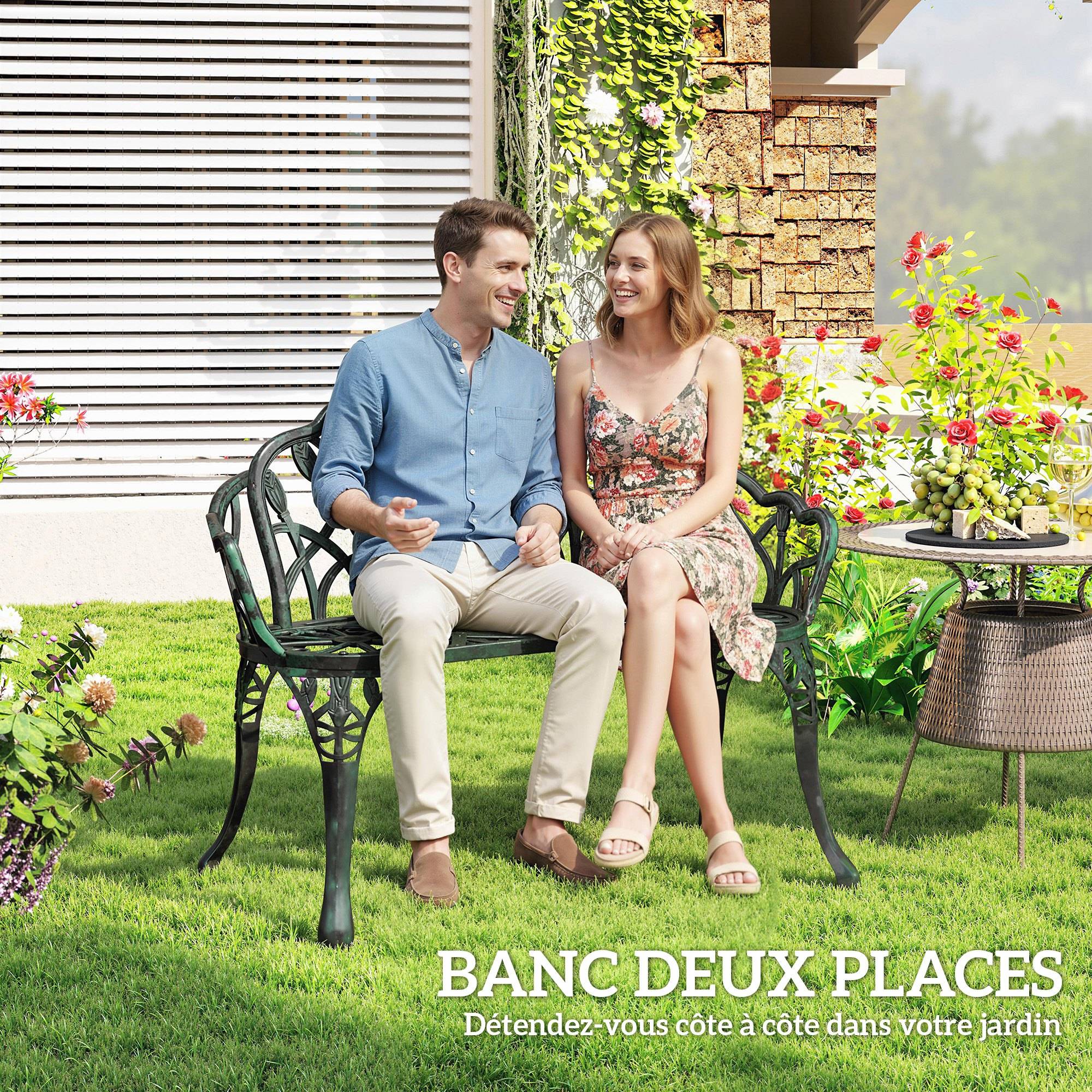 Banc aluminium moulé 2 places dossier tulipe décor floral assise 99x57x78cm - Image 8