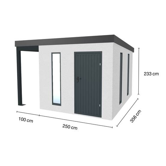 Abri de jardin en métal finition crépi 2500 x 3560 mm blanc avec auvent à gauche 1000 x 3560 mm anthracite - Image 1
