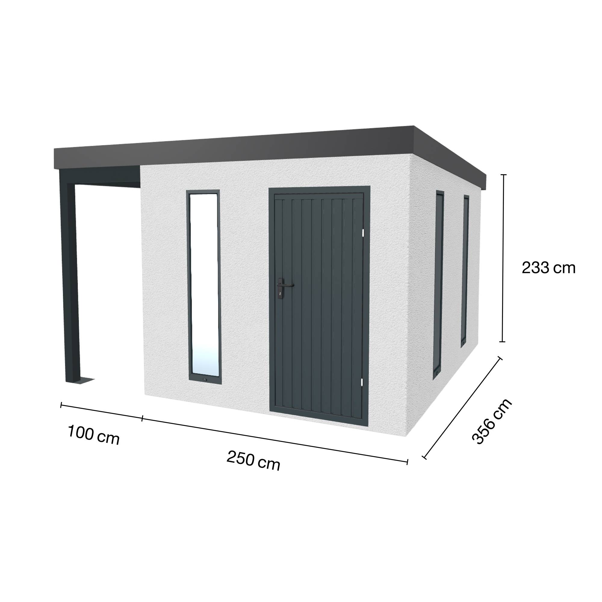 Abri de jardin en métal finition crépi  2500 x 3560 mm blanc avec auvent à gauche 1000 x 3560 mm anthracite